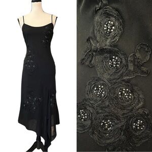 Vintage 90s Y2K Sue Wong Silk Sheer Mesh Beaded Floral Asymmetrical Dress
